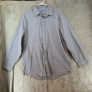 Izod Mens 16-16.5 32/33 Button Down Shirt Gray Long Sleeve Slim Fit Wrinkle Free